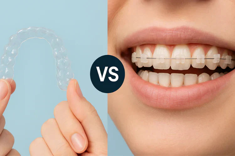 Una imagen comparativa de alineadores transparentes y brackets cerámicos