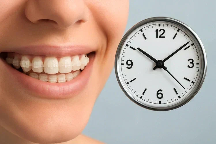 Una imagen de una mujer con brackets cerámicos y un reloj que representa el tiempo del tratamiento con brackets cerámicos.