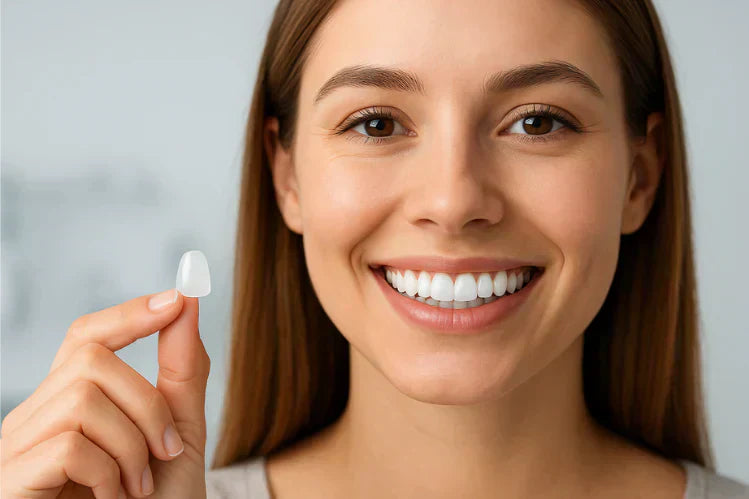 Una chica sostiene una carilla sin preparación.