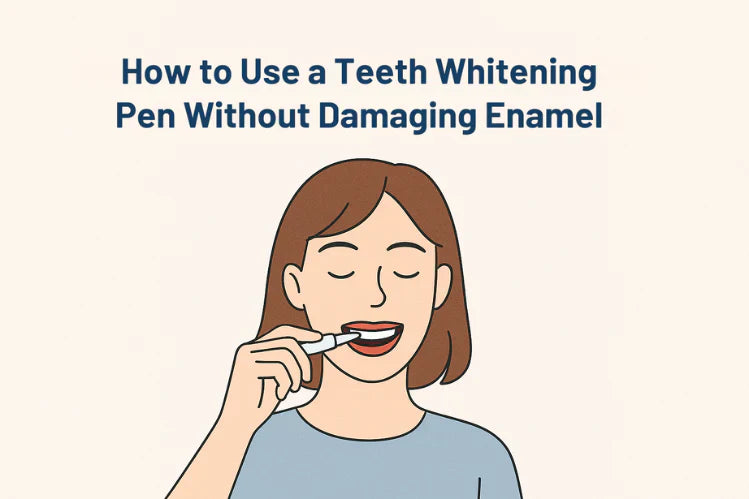 Una niña usando un lápiz blanqueador de dientes.