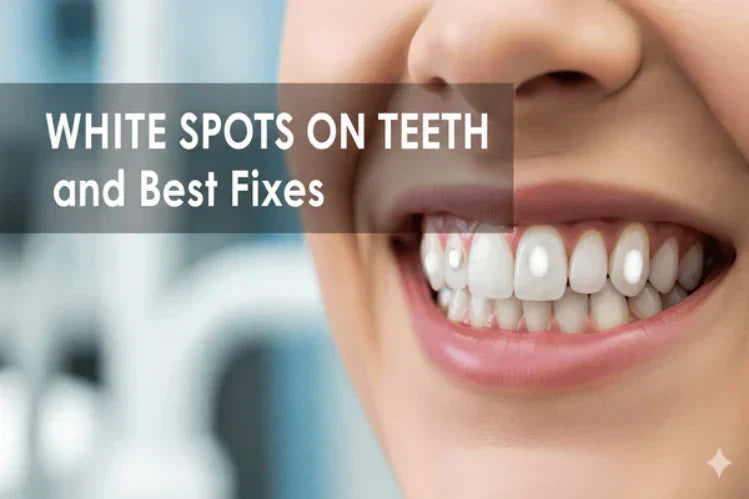 Una persona sonriendo, mostrando manchas blancas en los dientes.