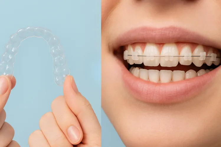 Comparación lado a lado entre brackets blancos y alineadores transparentes.