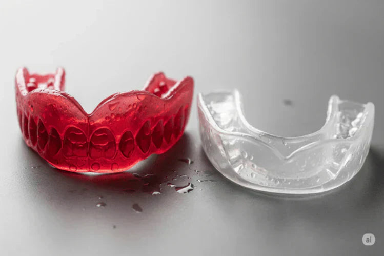 Un protector bucal especializado para boxeo (rojo) y un protector bucal multideporte (transparente)