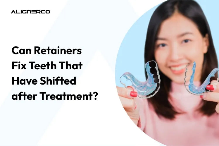 Una mujer sosteniendo en su mano unos retenedores Hawley.