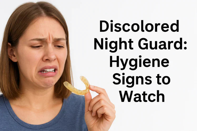 Una mujer sosteniendo un protector nocturno descolorido