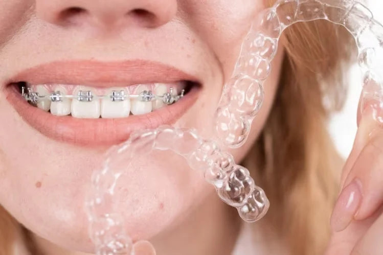 woman with braces, holding aligners
