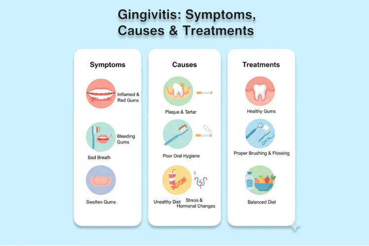 Una imagen muestra los síntomas, las causas y el tratamiento de la gingivitis.