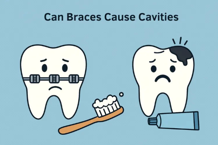 Illustration of a worried tooth with braces, a decayed tooth, a toothbrush, and toothpaste, highlighting the risk of cavities.