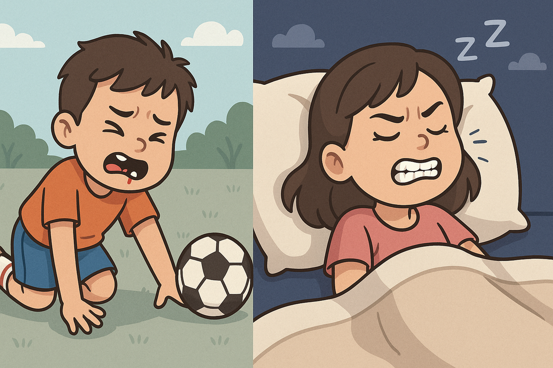 An illustration, one side showing an injured boy and the other side showing a girl grinding her teeth.