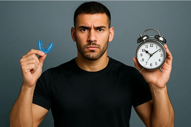 Un atleta sosteniendo un protector bucal en una mano y un reloj en la otra para representar el tiempo de uso de un protector bucal.