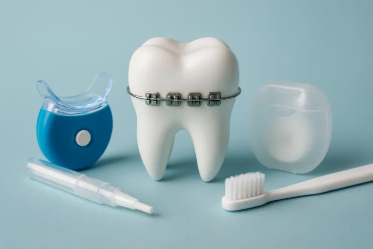 A tooth with braces and other braces cleaning tools on the side