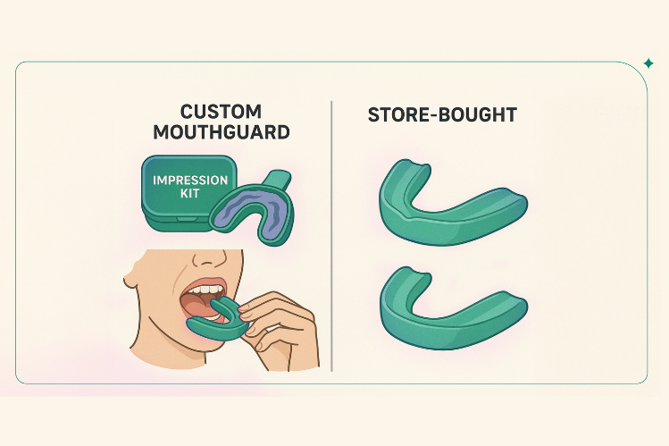 Una ilustración del protector bucal ALIGNERCO junto con elementos esenciales de limpieza.
