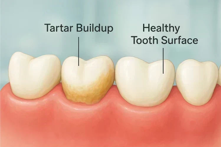 Ilustración en primer plano que muestra la acumulación de sarro en los dientes, cerca del borde de las encías.