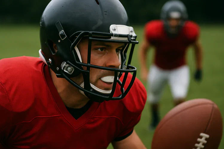 Un jugador está jugando al fútbol mientras usa un protector bucal y un casco.