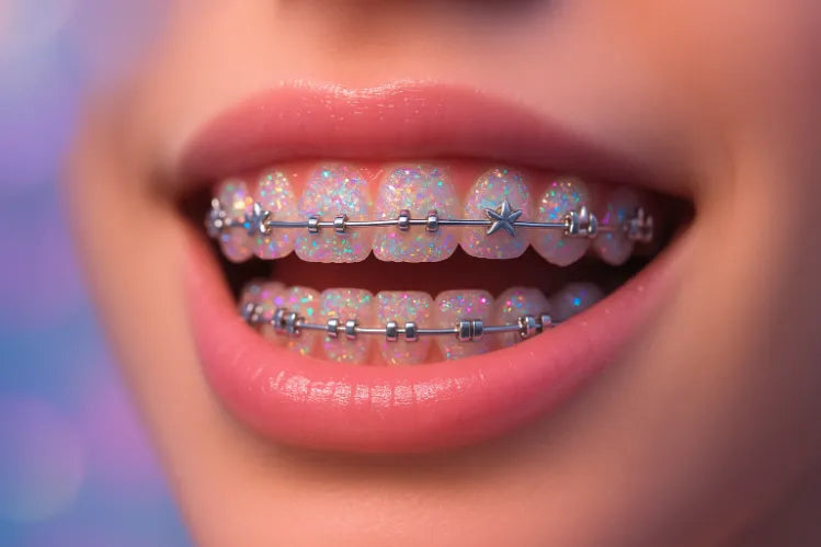 Brackets falsos brillantes y relucientes en los dientes de una niña.