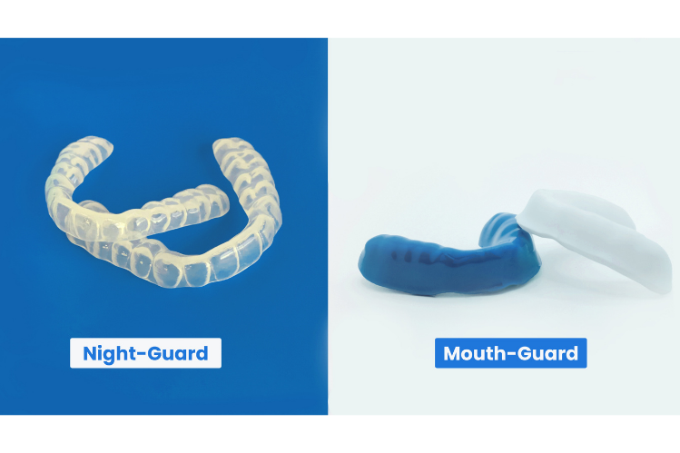 Imagen comparativa de un protector nocturno y un protector bucal sobre un fondo azul y blanco.