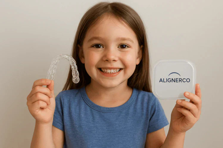 Un niño sosteniendo un protector nocturno y un estuche para el protector nocturno.