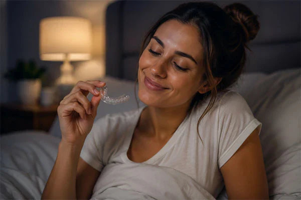 Una mujer en la cama sosteniendo protectores nocturnos