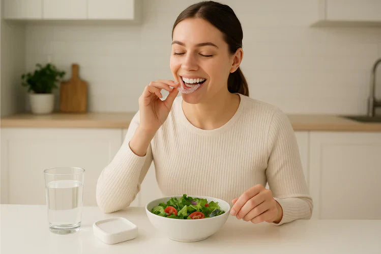 Mujer joven quitándose los alineadores transparentes antes de comer una comida saludable.